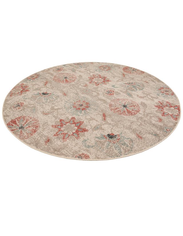 Beige 7' 10 x 7' 10 Outdoor Botanical Round Area Rug Weather Resistant for Patio, Deck, Terrace, Balcony, Porch Polypropylene Garden Floral Tropical Carpet for Sale at Rug Engine