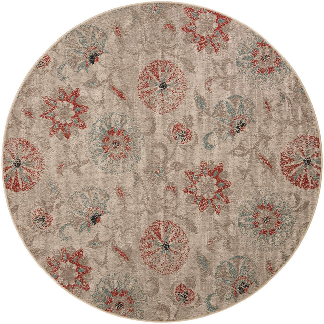 Beige 7' 10 x 7' 10 Outdoor Botanical Round Area Rug Weather Resistant for Patio, Deck, Terrace, Balcony, Porch Polypropylene Garden Floral Tropical Carpet for Sale at Rug Engine