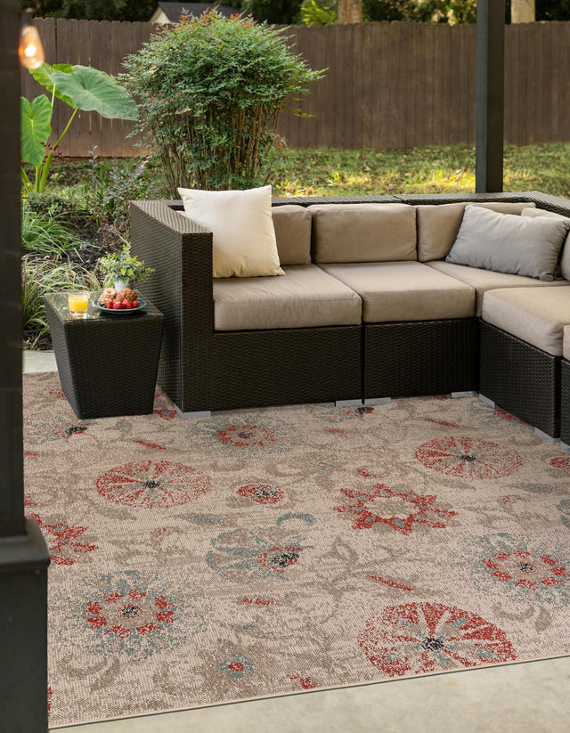 Beige 7' 10 x 7' 10 Outdoor Botanical Square Area Rug Weather Resistant for Patio, Deck, Terrace, Balcony, Porch Polypropylene Garden Floral Tropical Carpet for Sale at Rug Engine