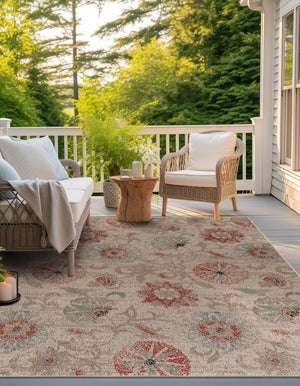 Beige 7' 10 x 7' 10 Outdoor Botanical Square Area Rug Weather Resistant for Patio, Deck, Terrace, Balcony, Porch Polypropylene Garden Floral Tropical Carpet for Sale at Rug Engine