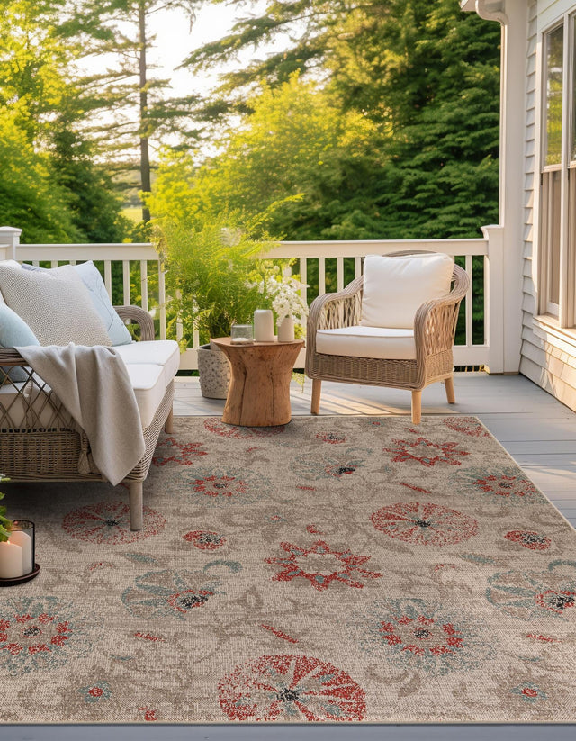 Beige 7' 10 x 7' 10 Outdoor Botanical Square Area Rug Weather Resistant for Patio, Deck, Terrace, Balcony, Porch Polypropylene Garden Floral Tropical Carpet for Sale at Rug Engine