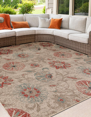 Beige 7' 10 x 7' 10 Outdoor Botanical Square Area Rug Weather Resistant for Patio, Deck, Terrace, Balcony, Porch Polypropylene Garden Floral Tropical Carpet for Sale at Rug Engine