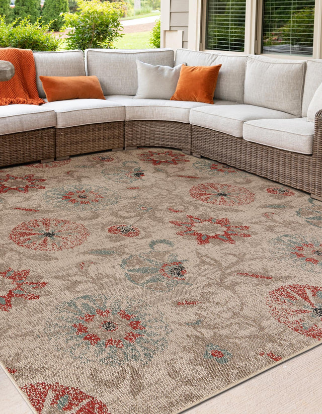 Beige 7' 10 x 7' 10 Outdoor Botanical Square Area Rug Weather Resistant for Patio, Deck, Terrace, Balcony, Porch Polypropylene Garden Floral Tropical Carpet for Sale at Rug Engine