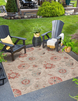 Beige 7' 10 x 7' 10 Outdoor Botanical Square Area Rug Weather Resistant for Patio, Deck, Terrace, Balcony, Porch Polypropylene Garden Floral Tropical Carpet for Sale at Rug Engine