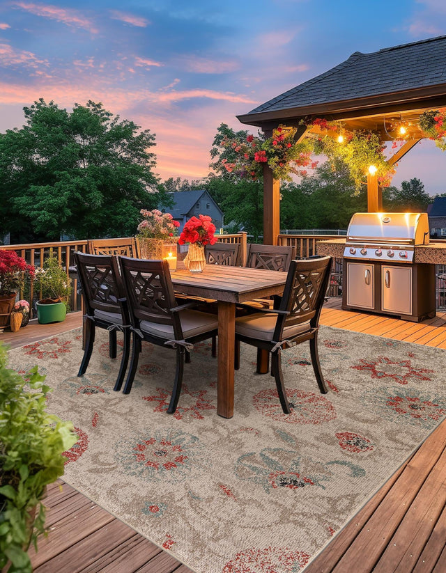 Beige 7' 10 x 7' 10 Outdoor Botanical Square Area Rug Weather Resistant for Patio, Deck, Terrace, Balcony, Porch Polypropylene Garden Floral Tropical Carpet for Sale at Rug Engine