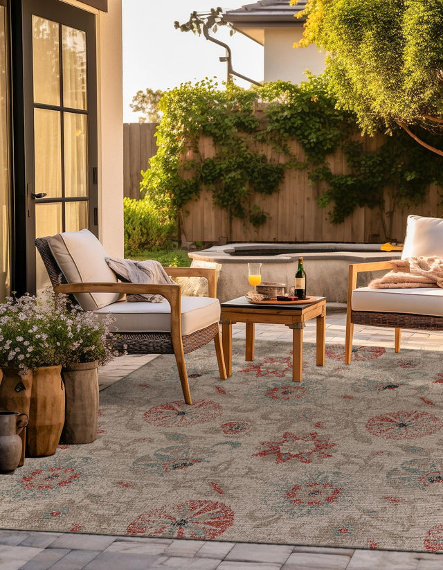 Beige 7' 10 x 7' 10 Outdoor Botanical Square Area Rug Weather Resistant for Patio, Deck, Terrace, Balcony, Porch Polypropylene Garden Floral Tropical Carpet for Sale at Rug Engine