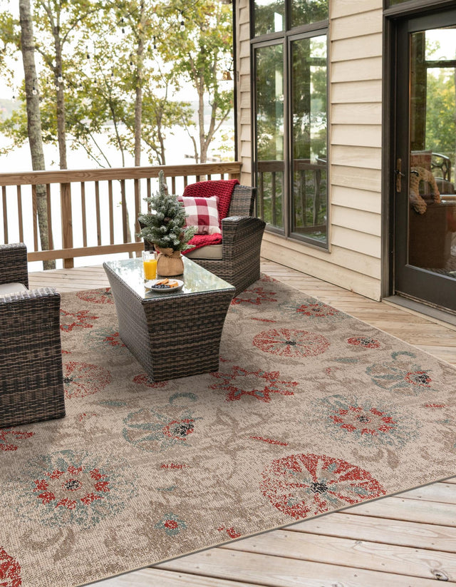 Beige 7' 10 x 7' 10 Outdoor Botanical Square Area Rug Weather Resistant for Patio, Deck, Terrace, Balcony, Porch Polypropylene Garden Floral Tropical Carpet for Sale at Rug Engine