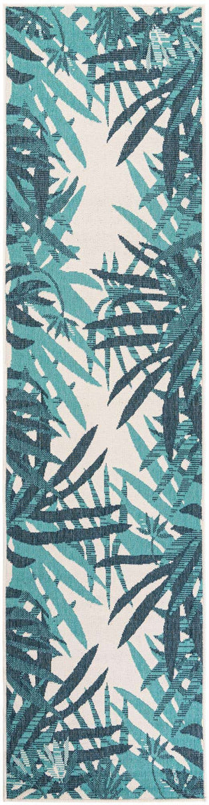 Teal blue 2' 7 x 10' Outdoor Botanical Runner Area Rug Weather Resistant for Patio, Deck, Terrace, Balcony, Porch Polypropylene Garden Floral Tropical Carpet for Sale at Rug Engine