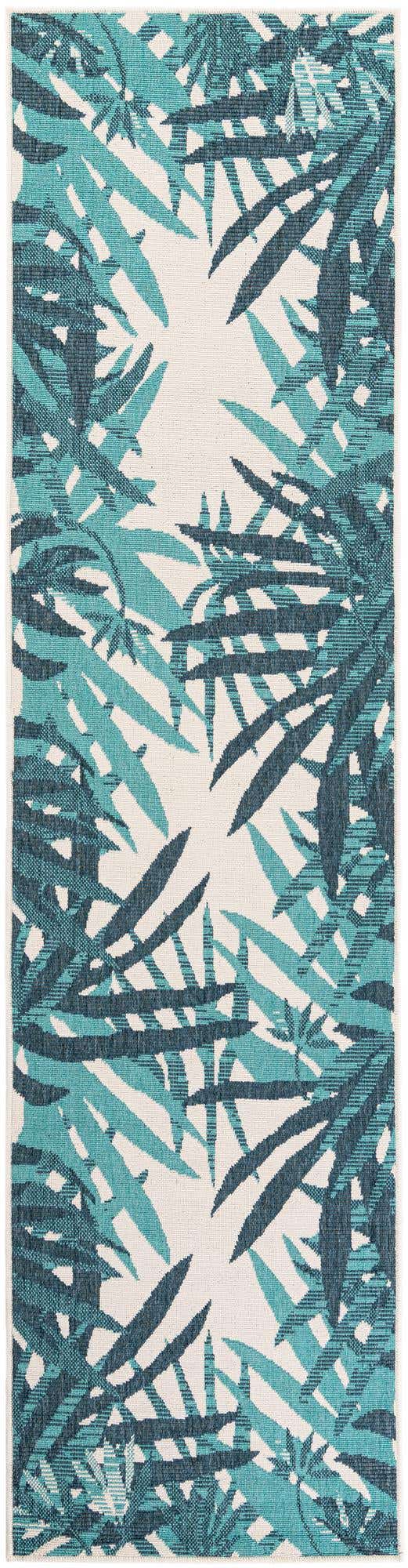 Teal blue 2' 7 x 10' Outdoor Botanical Runner Area Rug Weather Resistant for Patio, Deck, Terrace, Balcony, Porch Polypropylene Garden Floral Tropical Carpet for Sale at Rug Engine