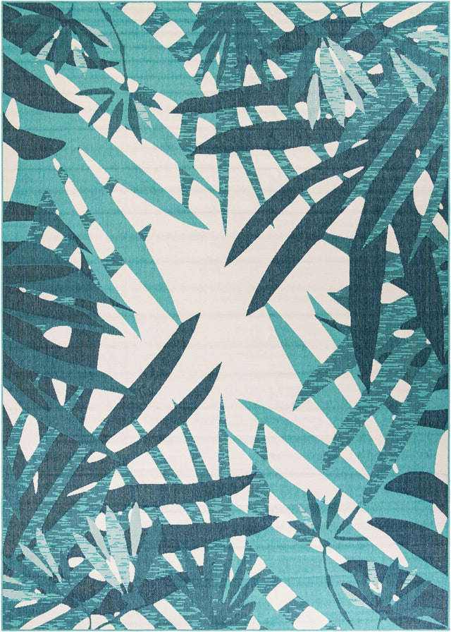Teal blue 10' x 14' 2 Outdoor Botanical Rectangle Area Rug Weather Resistant for Patio, Deck, Terrace, Balcony, Porch Polypropylene Garden Floral Tropical Carpet for Sale at Rug Engine