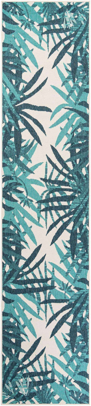 Teal blue 2' 7 x 12' Outdoor Botanical Runner Area Rug Weather Resistant for Patio, Deck, Terrace, Balcony, Porch Polypropylene Garden Floral Tropical Carpet for Sale at Rug Engine