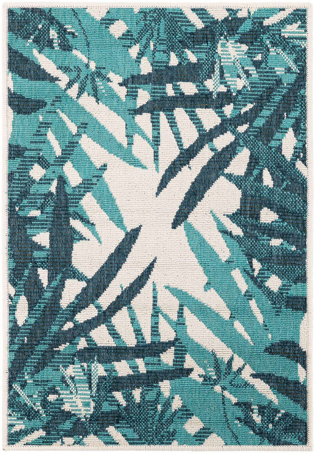 Teal blue 2' x 3' 1 Outdoor Botanical Rectangle Area Rug Weather Resistant for Patio, Deck, Terrace, Balcony, Porch Polypropylene Garden Floral Tropical Carpet for Sale at Rug Engine