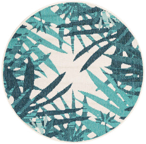 Teal blue 3' 1 x 3' 1 Outdoor Botanical Round Area Rug Weather Resistant for Patio, Deck, Terrace, Balcony, Porch Polypropylene Garden Floral Tropical Carpet for Sale at Rug Engine