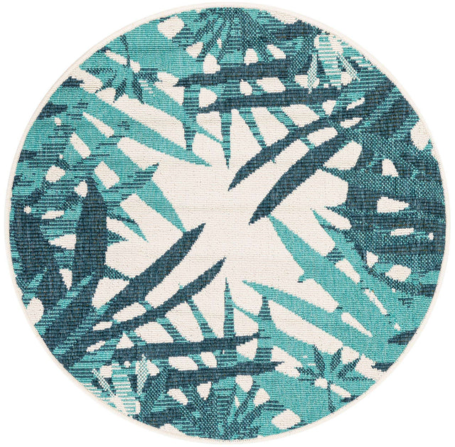 Teal blue 3' 1 x 3' 1 Outdoor Botanical Round Area Rug Weather Resistant for Patio, Deck, Terrace, Balcony, Porch Polypropylene Garden Floral Tropical Carpet for Sale at Rug Engine