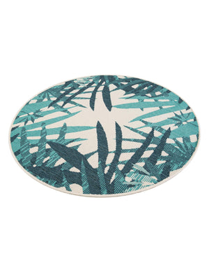 Teal blue 4' 1 x 4' 1 Outdoor Botanical Round Area Rug Weather Resistant for Patio, Deck, Terrace, Balcony, Porch Polypropylene Garden Floral Tropical Carpet for Sale at Rug Engine