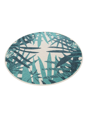 Teal blue 4' 1 x 4' 1 Outdoor Botanical Round Area Rug Weather Resistant for Patio, Deck, Terrace, Balcony, Porch Polypropylene Garden Floral Tropical Carpet for Sale at Rug Engine