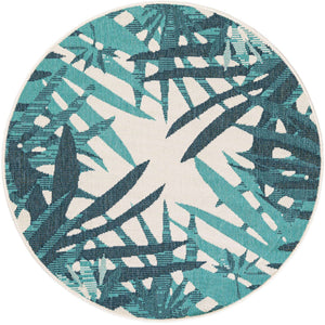 Teal blue 4' 1 x 4' 1 Outdoor Botanical Round Area Rug Weather Resistant for Patio, Deck, Terrace, Balcony, Porch Polypropylene Garden Floral Tropical Carpet for Sale at Rug Engine