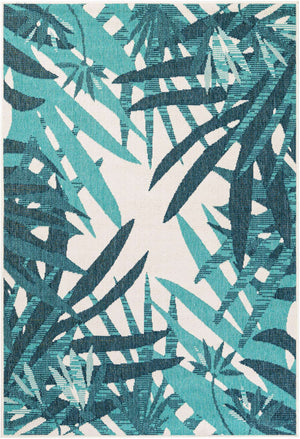 Teal blue 4' 1 x 6' 1 Outdoor Botanical Rectangle Area Rug Weather Resistant for Patio, Deck, Terrace, Balcony, Porch Polypropylene Garden Floral Tropical Carpet for Sale at Rug Engine