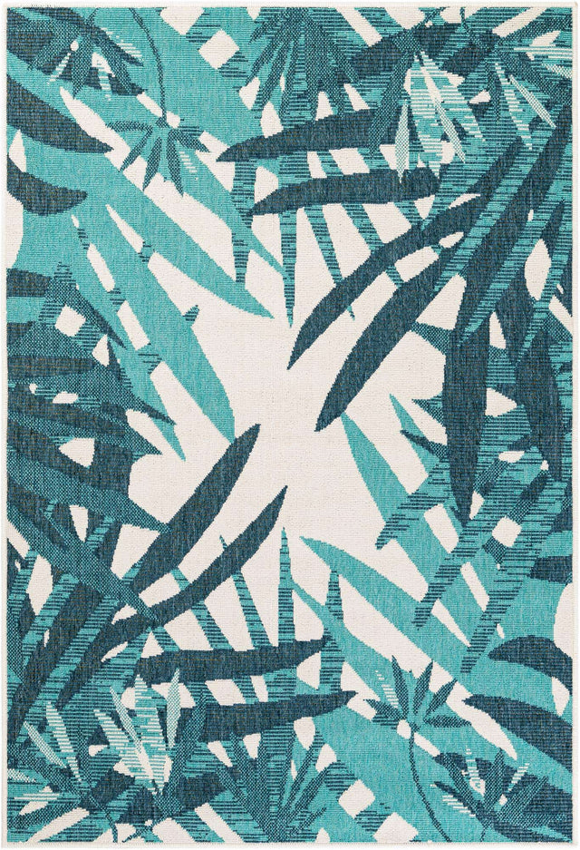 Teal blue 4' 1 x 6' 1 Outdoor Botanical Rectangle Area Rug Weather Resistant for Patio, Deck, Terrace, Balcony, Porch Polypropylene Garden Floral Tropical Carpet for Sale at Rug Engine