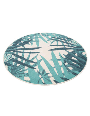 Teal blue 5' 1 x 5' 1 Outdoor Botanical Round Area Rug Weather Resistant for Patio, Deck, Terrace, Balcony, Porch Polypropylene Garden Floral Tropical Carpet for Sale at Rug Engine