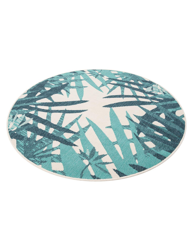 Teal blue 5' 1 x 5' 1 Outdoor Botanical Round Area Rug Weather Resistant for Patio, Deck, Terrace, Balcony, Porch Polypropylene Garden Floral Tropical Carpet for Sale at Rug Engine