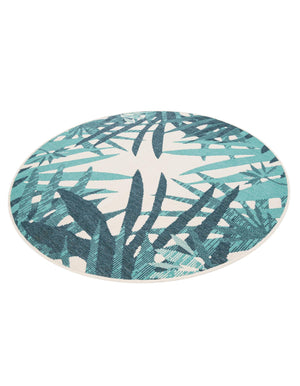 Teal blue 5' 1 x 5' 1 Outdoor Botanical Round Area Rug Weather Resistant for Patio, Deck, Terrace, Balcony, Porch Polypropylene Garden Floral Tropical Carpet for Sale at Rug Engine