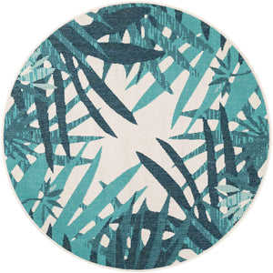 Teal blue 5' 1 x 5' 1 Outdoor Botanical Round Area Rug Weather Resistant for Patio, Deck, Terrace, Balcony, Porch Polypropylene Garden Floral Tropical Carpet for Sale at Rug Engine