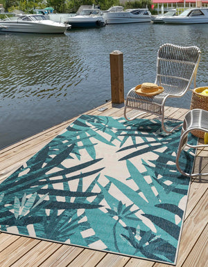 Teal blue 5' 1 x 8' Outdoor Botanical Rectangle Area Rug Weather Resistant for Patio, Deck, Terrace, Balcony, Porch Polypropylene Garden Floral Tropical Carpet for Sale at Rug Engine