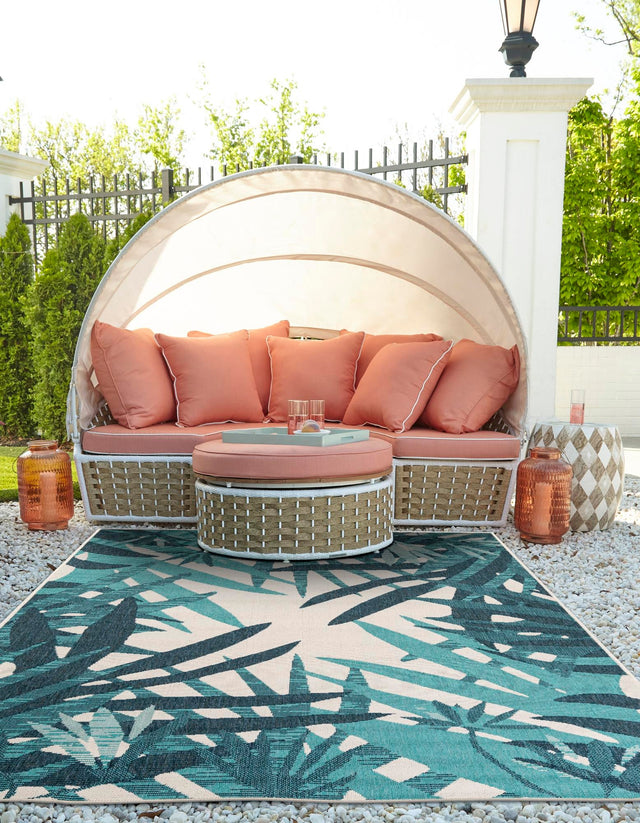 Teal blue 10' x 14' 2 Outdoor Botanical Rectangle Area Rug Weather Resistant for Patio, Deck, Terrace, Balcony, Porch Polypropylene Garden Floral Tropical Carpet for Sale at Rug Engine
