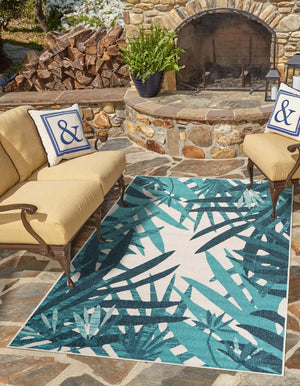 Teal blue 7' 10 x 10' Outdoor Botanical Rectangle Area Rug Weather Resistant for Patio, Deck, Terrace, Balcony, Porch Polypropylene Garden Floral Tropical Carpet for Sale at Rug Engine