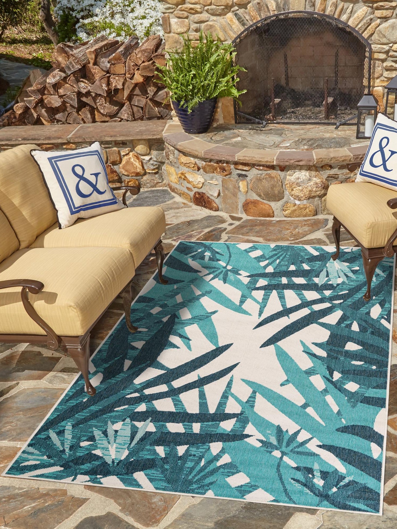 Teal blue 5' 1 x 8' Outdoor Botanical Rectangle Area Rug Weather Resistant for Patio, Deck, Terrace, Balcony, Porch Polypropylene Garden Floral Tropical Carpet for Sale at Rug Engine