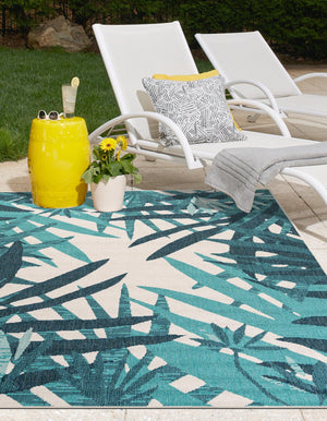 Teal blue 7' 10 x 10' Outdoor Botanical Rectangle Area Rug Weather Resistant for Patio, Deck, Terrace, Balcony, Porch Polypropylene Garden Floral Tropical Carpet for Sale at Rug Engine