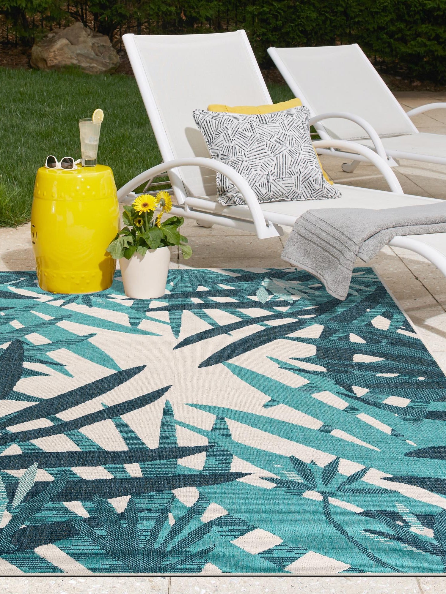 Teal blue 2' x 3' 1 Outdoor Botanical Rectangle Area Rug Weather Resistant for Patio, Deck, Terrace, Balcony, Porch Polypropylene Garden Floral Tropical Carpet for Sale at Rug Engine