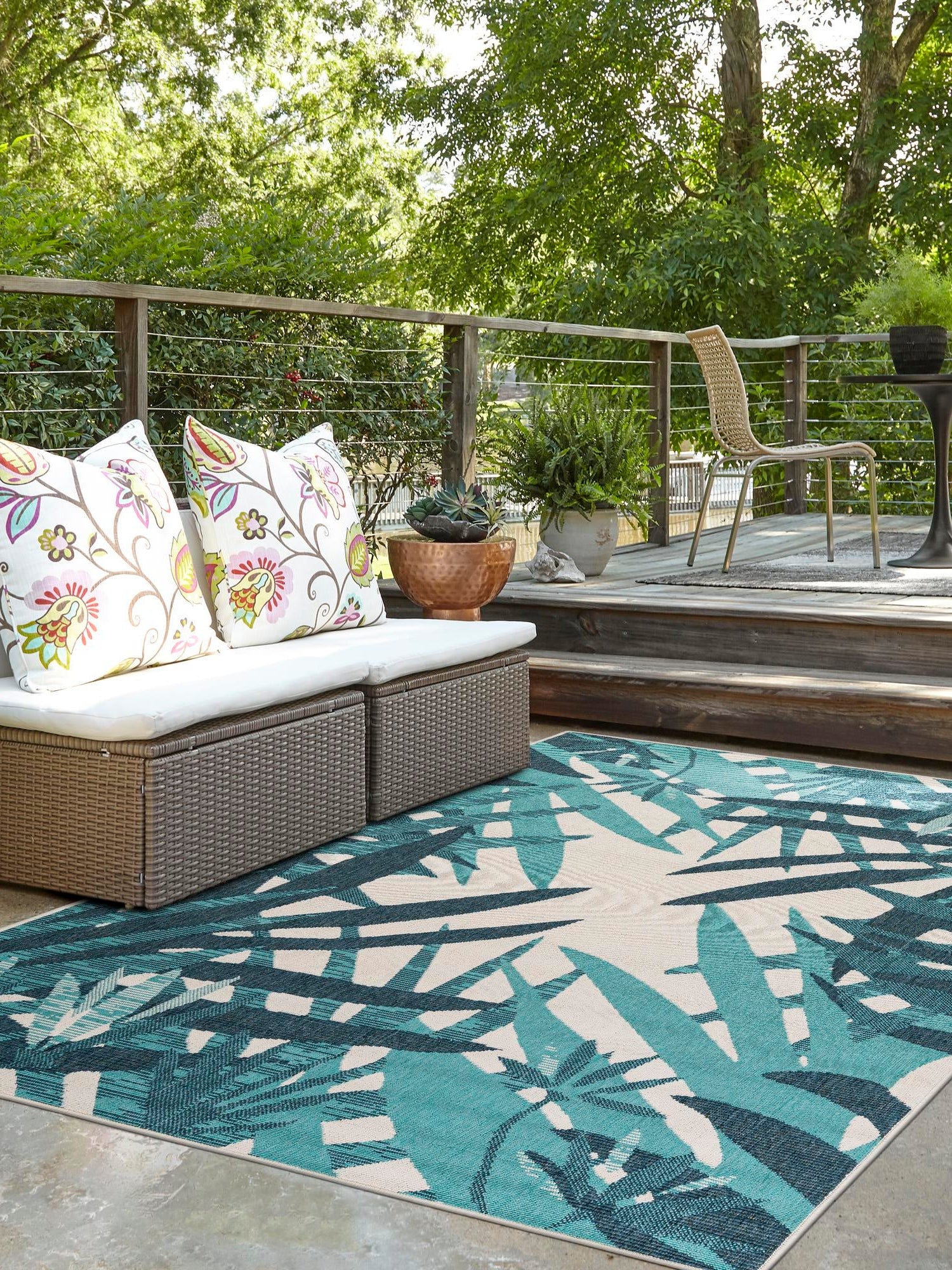 Teal blue 2' x 3' 1 Outdoor Botanical Rectangle Area Rug Weather Resistant for Patio, Deck, Terrace, Balcony, Porch Polypropylene Garden Floral Tropical Carpet for Sale at Rug Engine