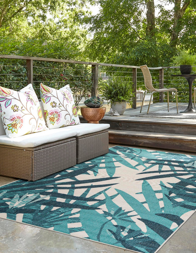 Teal blue 4' 1 x 6' 1 Outdoor Botanical Rectangle Area Rug Weather Resistant for Patio, Deck, Terrace, Balcony, Porch Polypropylene Garden Floral Tropical Carpet for Sale at Rug Engine