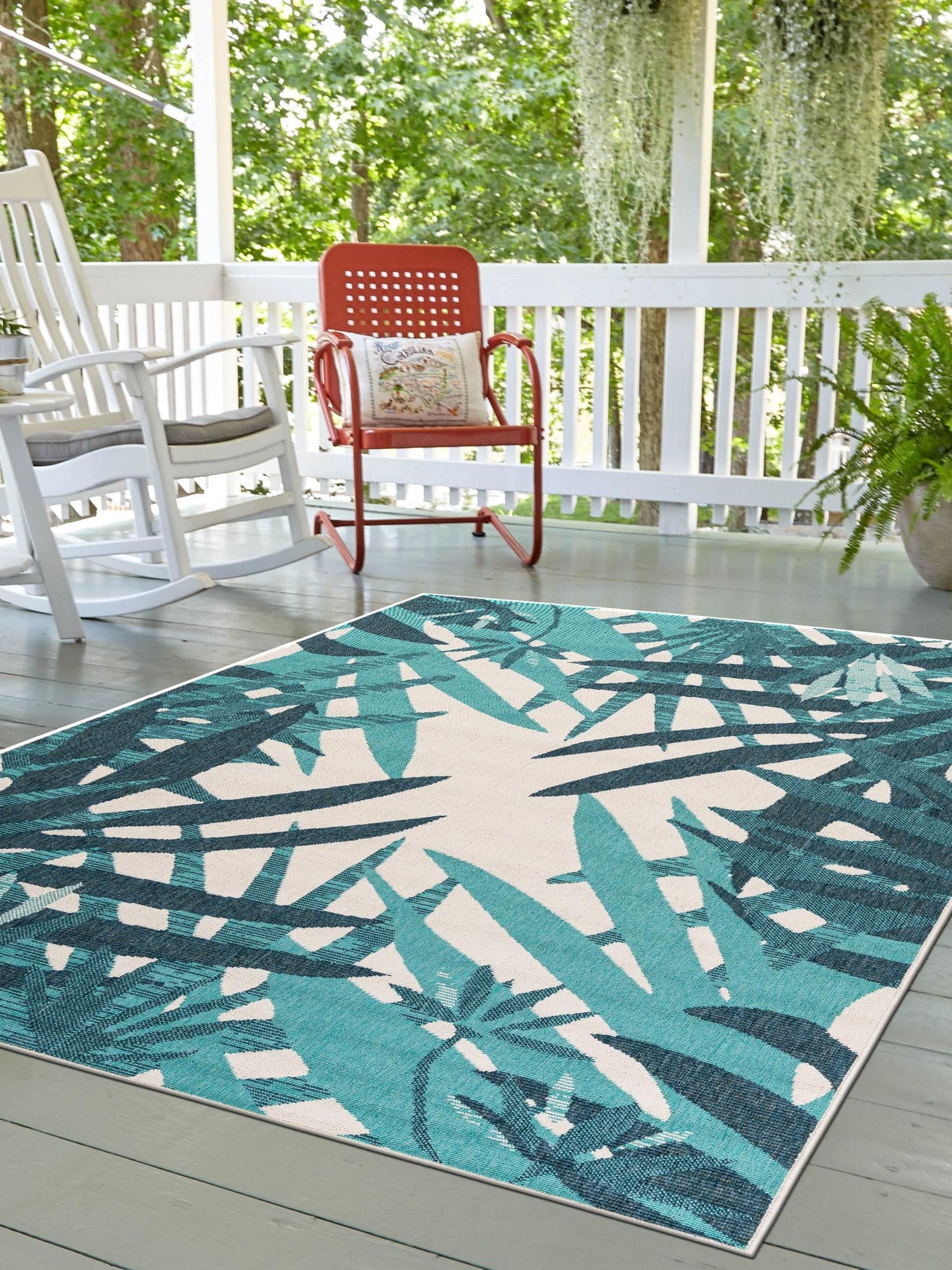 Teal blue 4' 1 x 6' 1 Outdoor Botanical Rectangle Area Rug Weather Resistant for Patio, Deck, Terrace, Balcony, Porch Polypropylene Garden Floral Tropical Carpet for Sale at Rug Engine