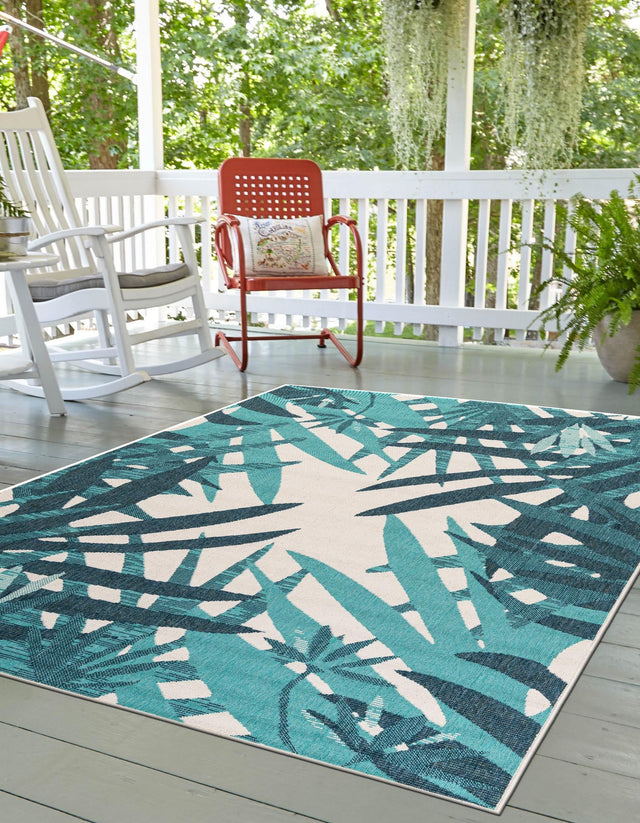 Teal blue 4' 1 x 6' 1 Outdoor Botanical Rectangle Area Rug Weather Resistant for Patio, Deck, Terrace, Balcony, Porch Polypropylene Garden Floral Tropical Carpet for Sale at Rug Engine