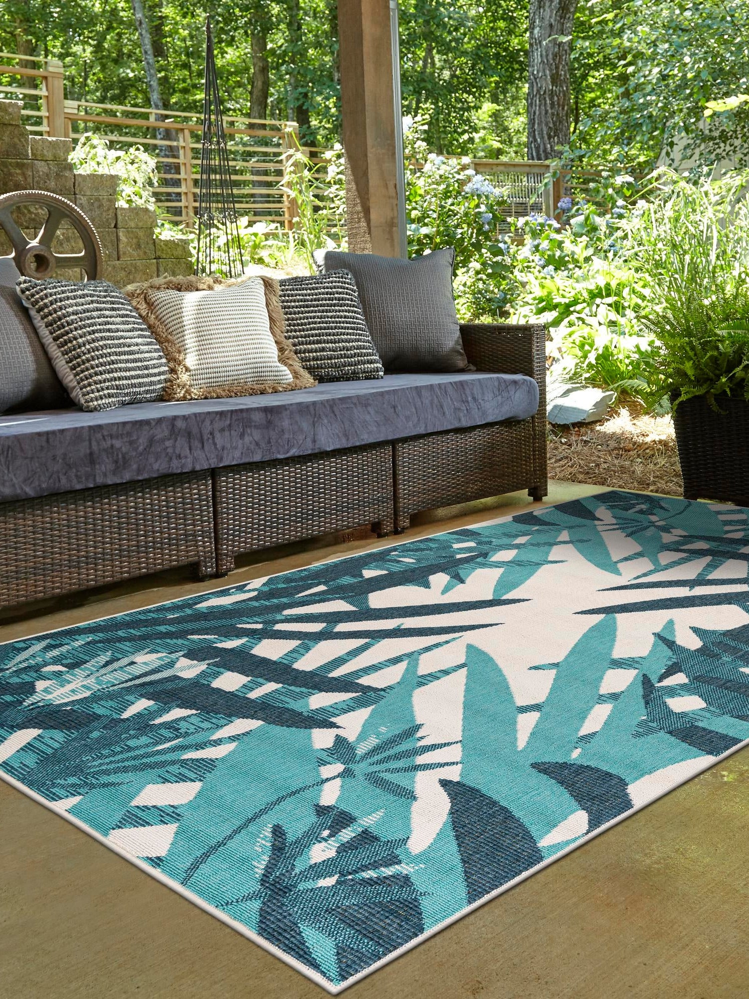 Teal blue 9' x 12' Outdoor Botanical Rectangle Area Rug Weather Resistant for Patio, Deck, Terrace, Balcony, Porch Polypropylene Garden Floral Tropical Carpet for Sale at Rug Engine