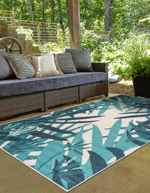 Teal blue 9' x 12' Outdoor Botanical Rectangle Area Rug Weather Resistant for Patio, Deck, Terrace, Balcony, Porch Polypropylene Garden Floral Tropical Carpet for Sale at Rug Engine
