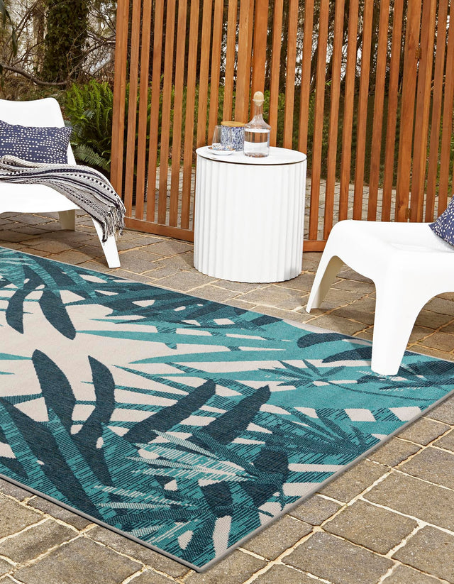 Teal blue 10' x 14' 2 Outdoor Botanical Rectangle Area Rug Weather Resistant for Patio, Deck, Terrace, Balcony, Porch Polypropylene Garden Floral Tropical Carpet for Sale at Rug Engine
