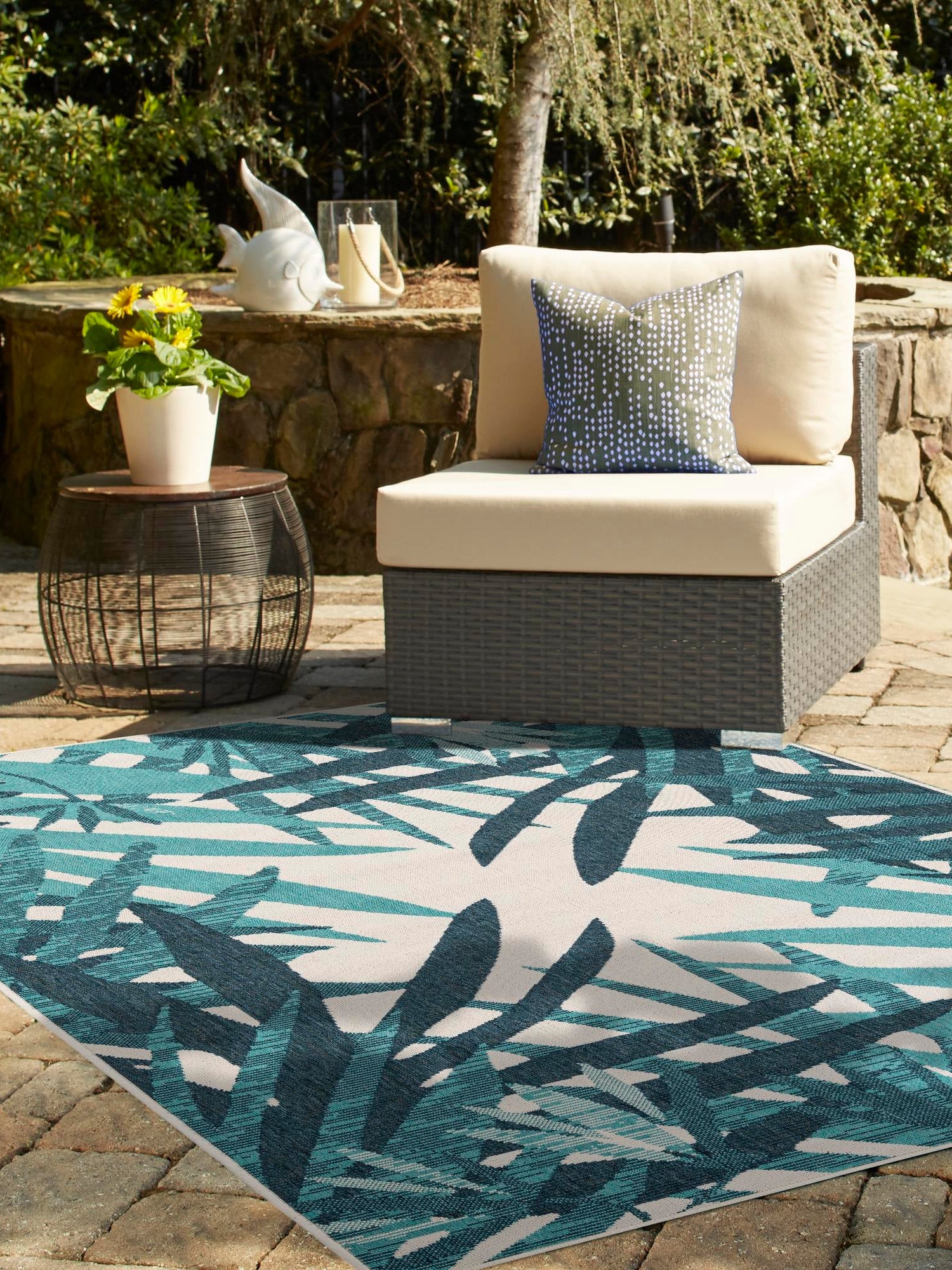 Teal blue 4' 1 x 6' 1 Outdoor Botanical Rectangle Area Rug Weather Resistant for Patio, Deck, Terrace, Balcony, Porch Polypropylene Garden Floral Tropical Carpet for Sale at Rug Engine