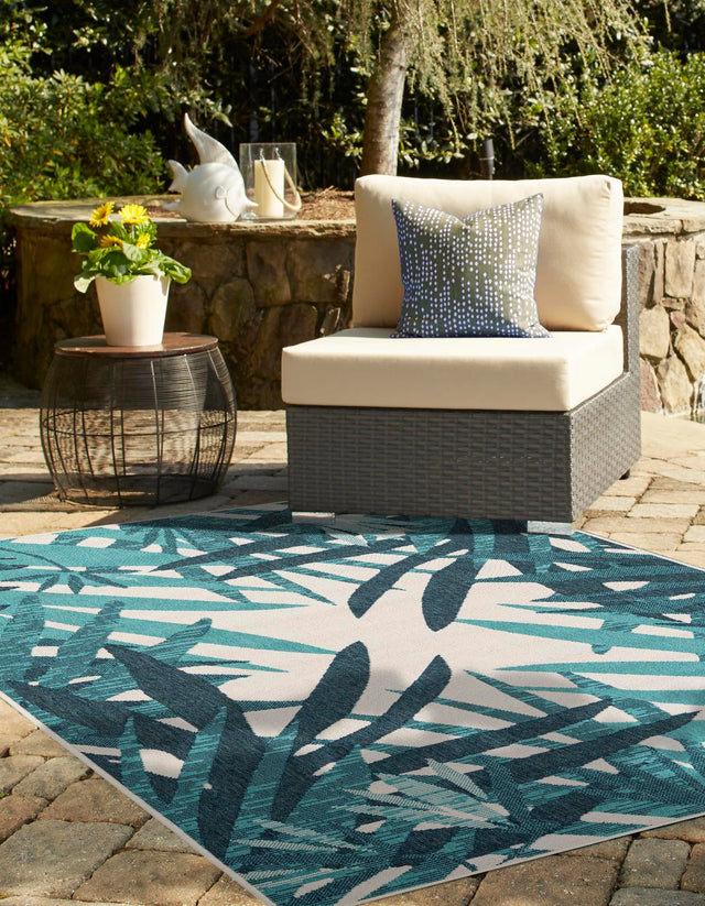 Teal blue 4' 1 x 6' 1 Outdoor Botanical Rectangle Area Rug Weather Resistant for Patio, Deck, Terrace, Balcony, Porch Polypropylene Garden Floral Tropical Carpet for Sale at Rug Engine