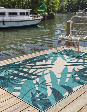 Teal blue 7' 10 x 10' Outdoor Botanical Rectangle Area Rug Weather Resistant for Patio, Deck, Terrace, Balcony, Porch Polypropylene Garden Floral Tropical Carpet for Sale at Rug Engine