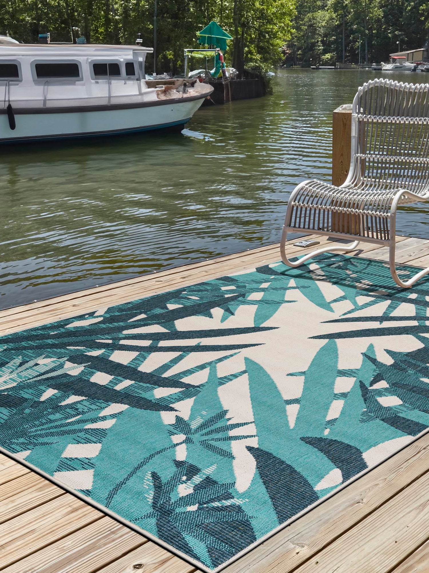 Teal blue 4' 1 x 6' 1 Outdoor Botanical Rectangle Area Rug Weather Resistant for Patio, Deck, Terrace, Balcony, Porch Polypropylene Garden Floral Tropical Carpet for Sale at Rug Engine