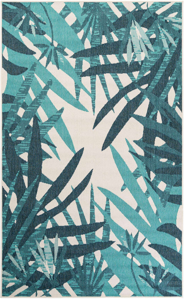Teal blue 5' 1 x 8' Outdoor Botanical Rectangle Area Rug Weather Resistant for Patio, Deck, Terrace, Balcony, Porch Polypropylene Garden Floral Tropical Carpet for Sale at Rug Engine