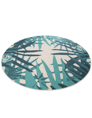 Teal blue 6' 1 x 6' 1 Outdoor Botanical Round Area Rug Weather Resistant for Patio, Deck, Terrace, Balcony, Porch Polypropylene Garden Floral Tropical Carpet for Sale at Rug Engine