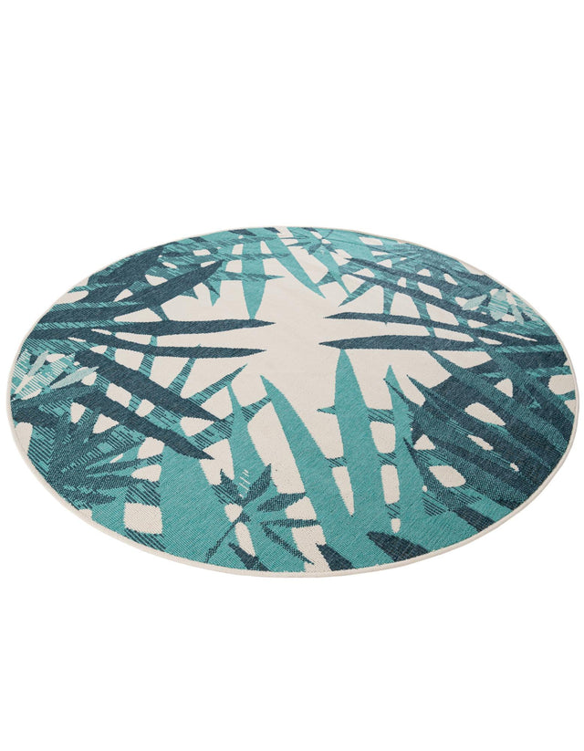 Teal blue 6' 1 x 6' 1 Outdoor Botanical Round Area Rug Weather Resistant for Patio, Deck, Terrace, Balcony, Porch Polypropylene Garden Floral Tropical Carpet for Sale at Rug Engine