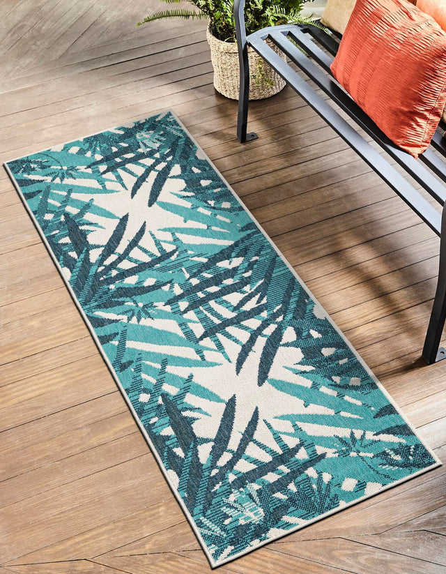 Teal blue 2' 7 x 12' Outdoor Botanical Runner Area Rug Weather Resistant for Patio, Deck, Terrace, Balcony, Porch Polypropylene Garden Floral Tropical Carpet for Sale at Rug Engine