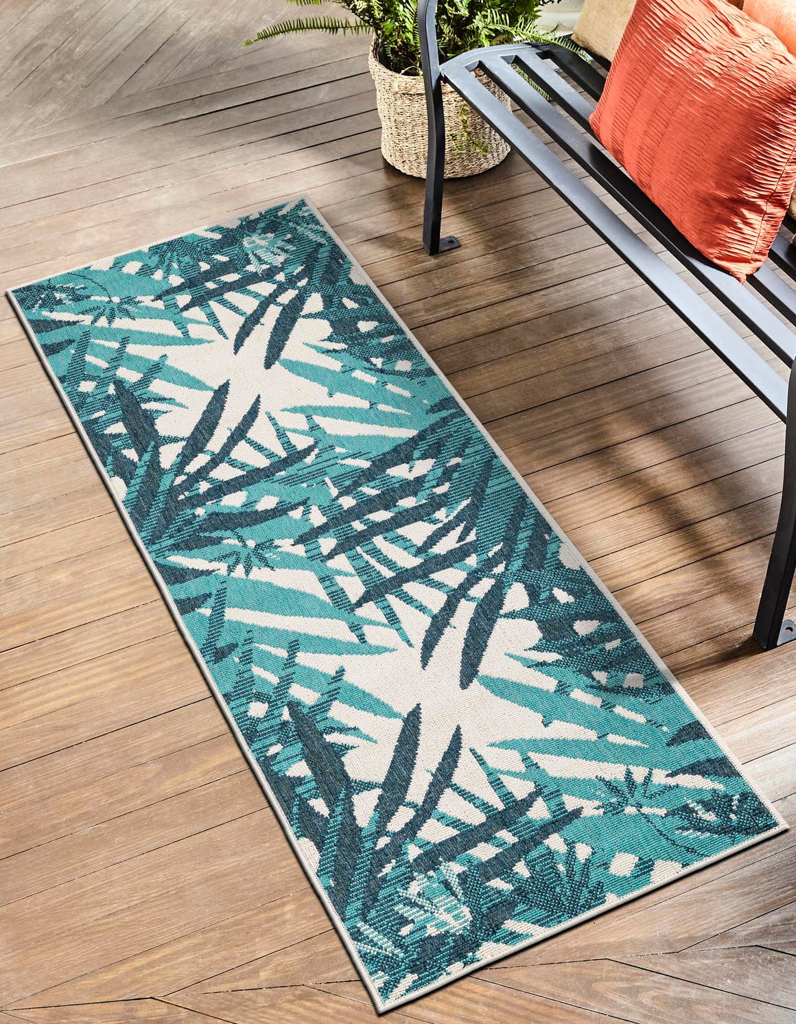 Teal blue 2' 7 x 10' Outdoor Botanical Runner Area Rug Weather Resistant for Patio, Deck, Terrace, Balcony, Porch Polypropylene Garden Floral Tropical Carpet for Sale at Rug Engine