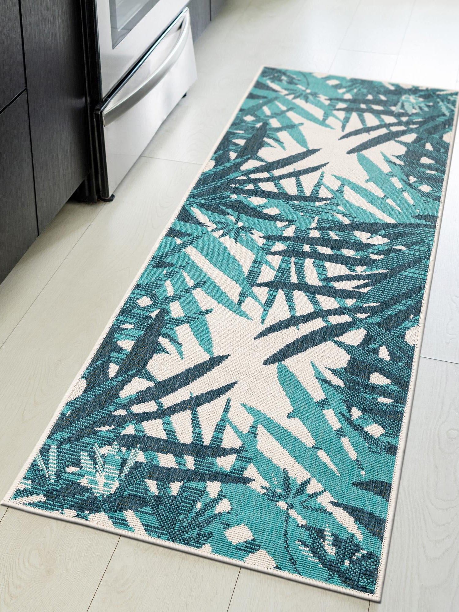 Teal blue 2' 7 x 10' Outdoor Botanical Runner Area Rug Weather Resistant for Patio, Deck, Terrace, Balcony, Porch Polypropylene Garden Floral Tropical Carpet for Sale at Rug Engine